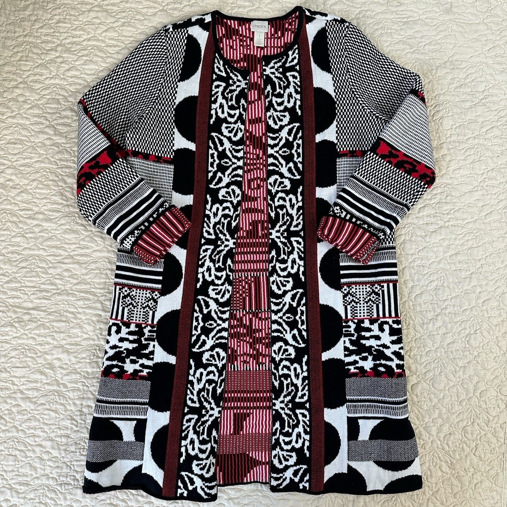 Chico's Natasha Cardigan Sweater Mixed Pattern Red Black Size 1 US Medium EUC